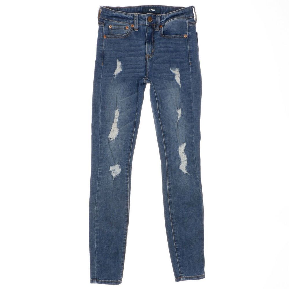 Aero High Rise Jegging Size 0 Womens Distressed Blue Stretch Measures 24 x 27.5